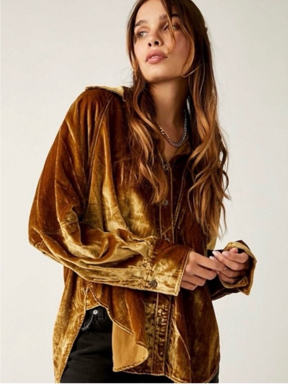 We The Free Night Skies Velvet Long Sleeve Button Down Shirt Gold Size Small